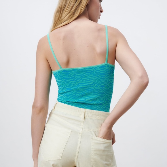 Zara blue turquoise jacquard V-neck knit straps camisole top NWT - Picture 5 of 7